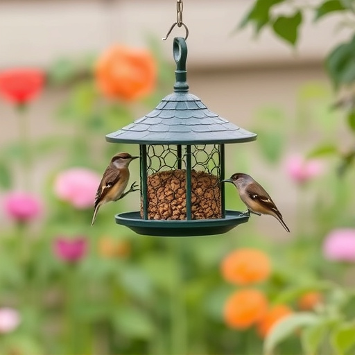 Hanging suet ball feeder in garden