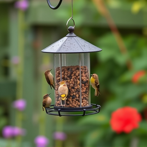 Hanging suet ball feeder in garden