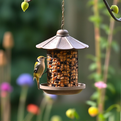 Hanging suet ball feeder in garden
