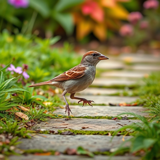 House sparrow hopping on garden path