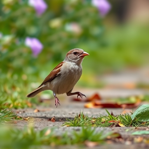House sparrow hopping on garden path