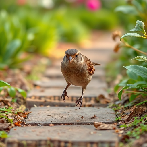 House sparrow hopping on garden path