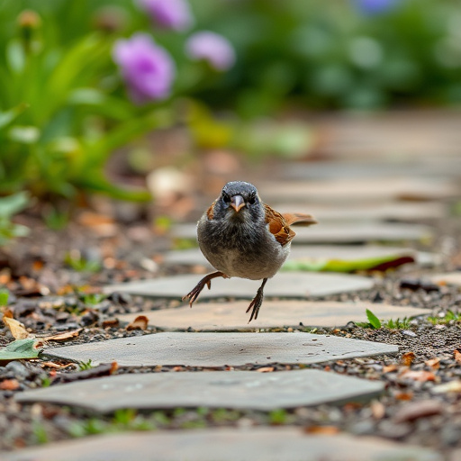 House sparrow hopping on garden path