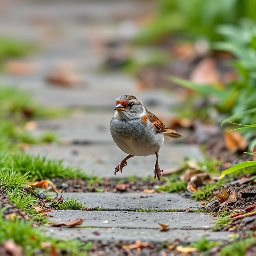 House sparrow hopping on garden path