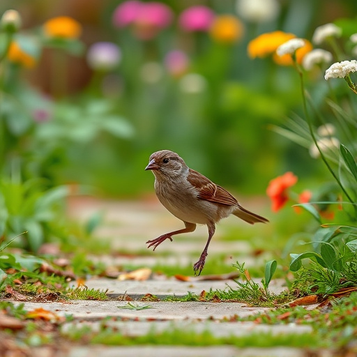 House sparrow hopping on garden path