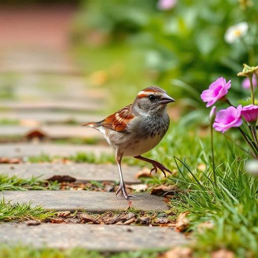 House sparrow hopping on garden path