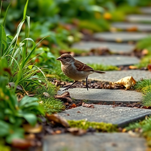 House sparrow hopping on garden path