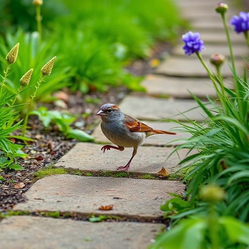 House sparrow hopping on garden path