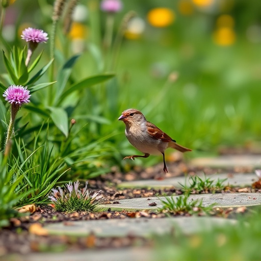 House sparrow hopping on garden path