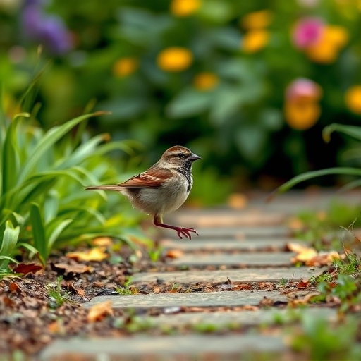 House sparrow hopping on garden path