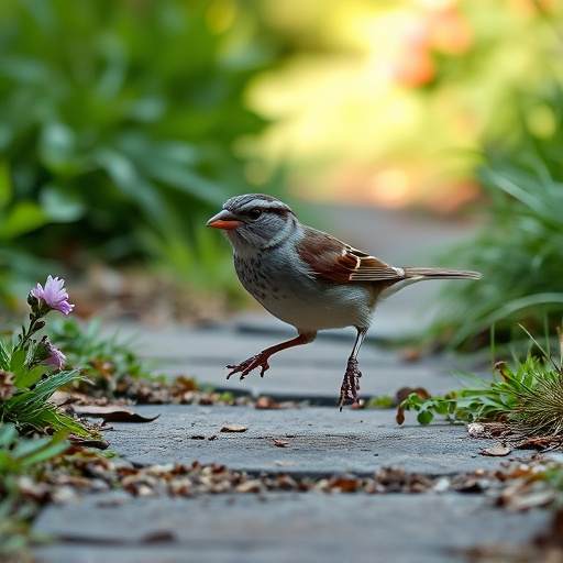 House sparrow hopping on garden path