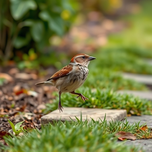House sparrow hopping on garden path