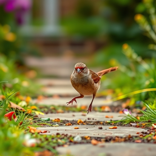 House sparrow hopping on garden path