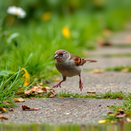 House sparrow hopping on garden path