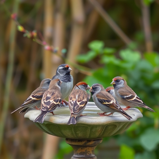 House sparrows gathered near bird bath