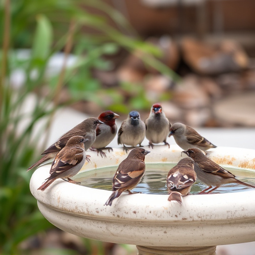 House sparrows gathered near bird bath