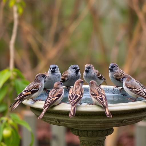 House sparrows gathered near bird bath