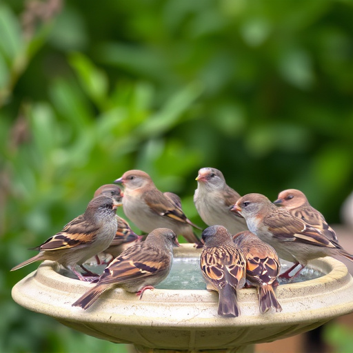 House sparrows gathered near bird bath