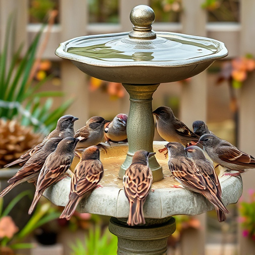 House sparrows gathered near bird bath