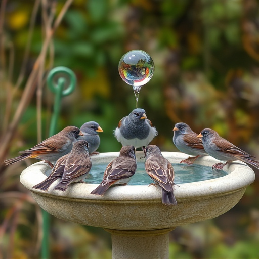 House sparrows gathered near bird bath