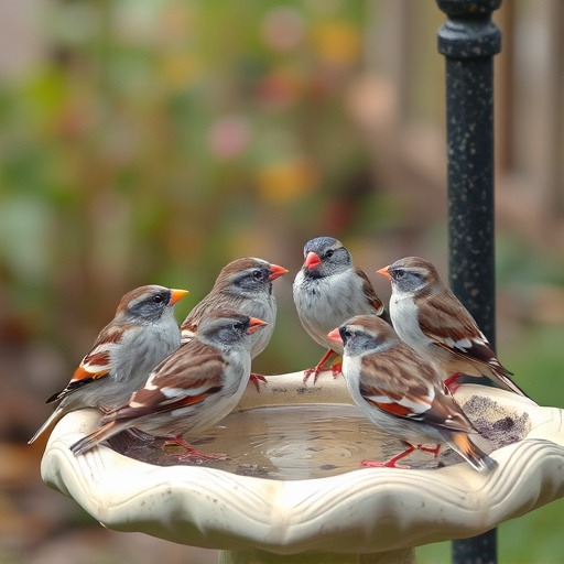 House sparrows gathered near bird bath