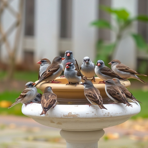 House sparrows gathered near bird bath