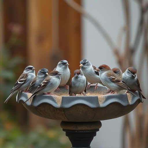 House sparrows gathered near bird bath