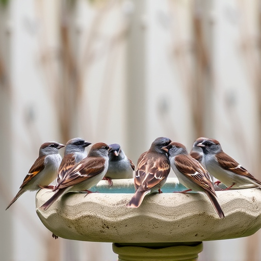 House sparrows gathered near bird bath