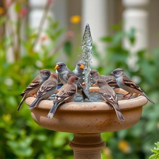 House sparrows gathered near bird bath