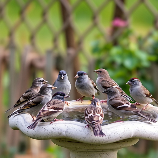 House sparrows gathered near bird bath
