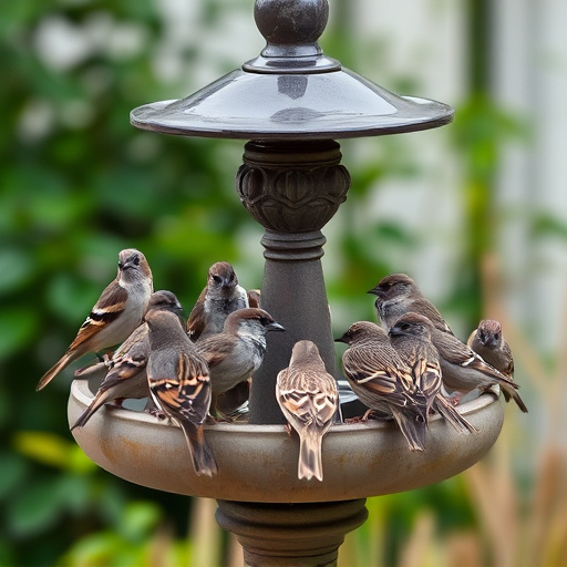 House sparrows gathered near bird bath