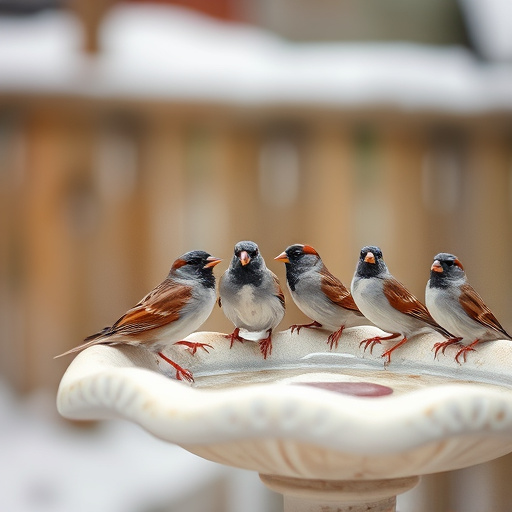 House sparrows gathered near bird bath