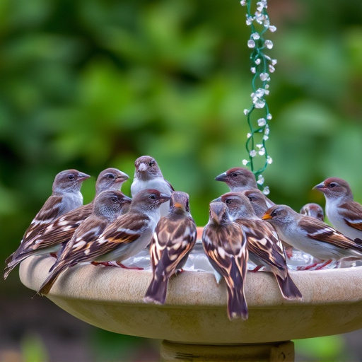 House sparrows gathered near bird bath