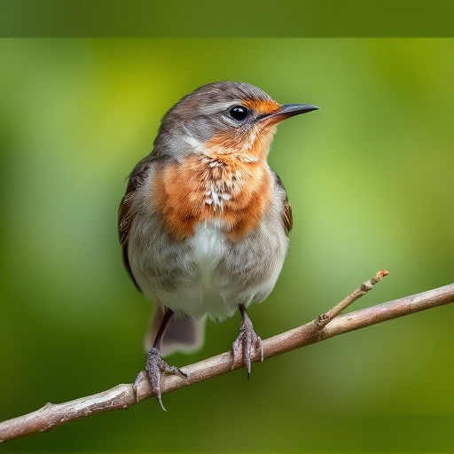 Juvenile robin with speckled chest feathers