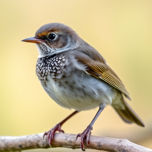 Juvenile robin with speckled chest feathers