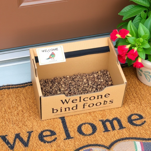 Labeled bird food box on welcome mat