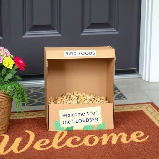 Labeled bird food box on welcome mat