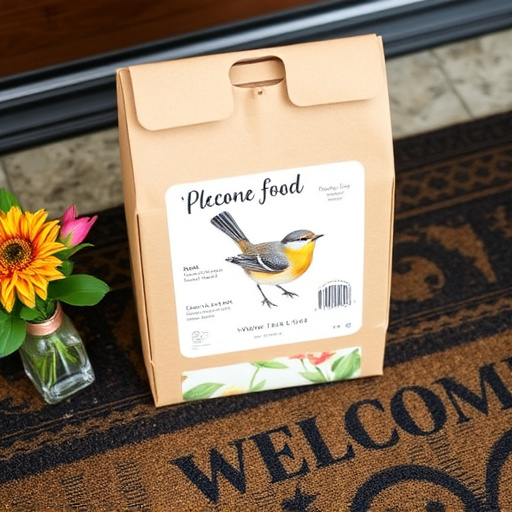 Labeled bird food box on welcome mat