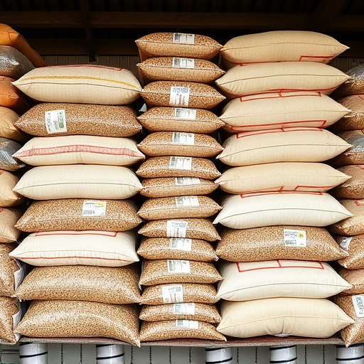 Large sacks of bird food stacked neatly
