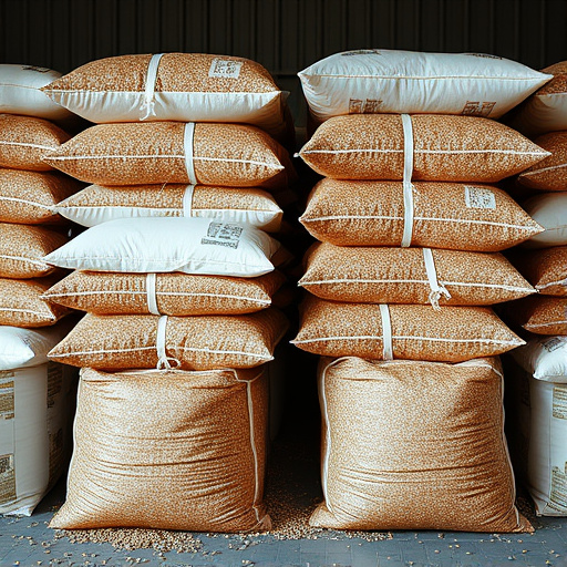 Large sacks of bird food stacked neatly