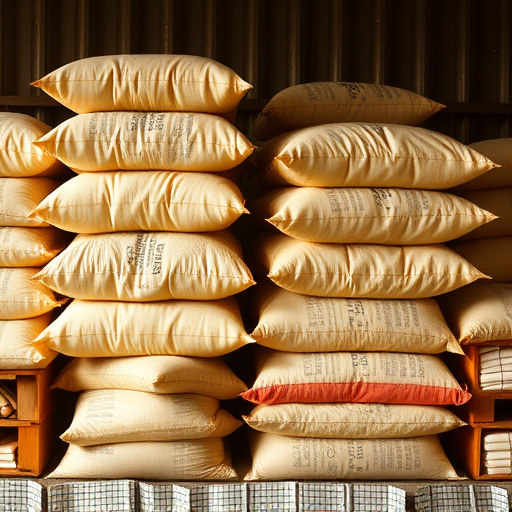 Large sacks of bird food stacked neatly