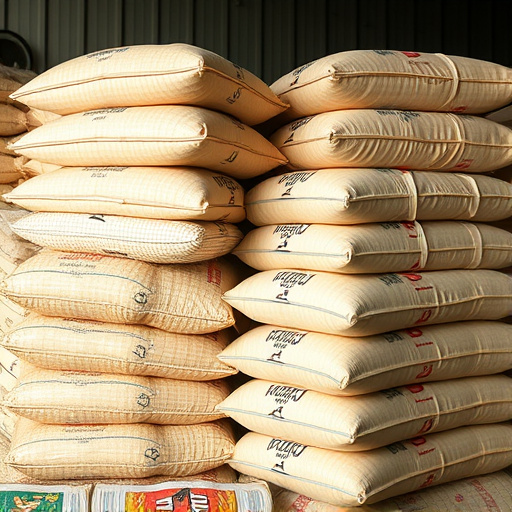 Large sacks of bird food stacked neatly