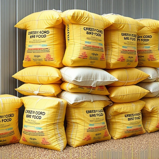 Large sacks of bird food stacked neatly