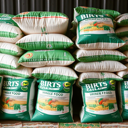 Large sacks of bird food stacked neatly