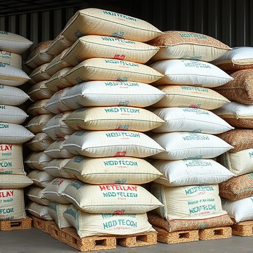 Large sacks of bird food stacked neatly