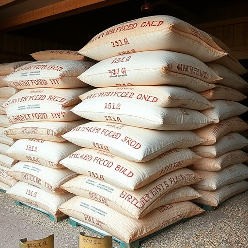 Large sacks of bird food stacked neatly