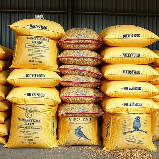 Large sacks of bird food stacked neatly