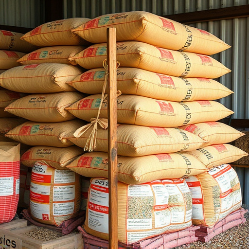 Large sacks of bird food stacked neatly