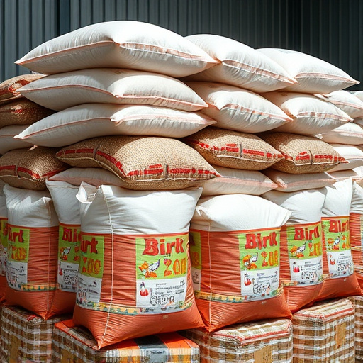 Large sacks of bird food stacked neatly