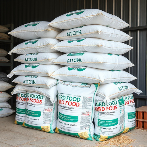 Large sacks of bird food stacked neatly